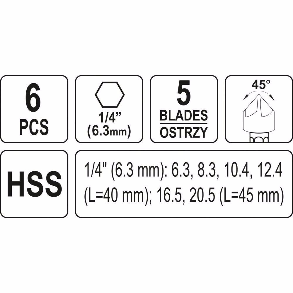 Комплект зенкери YATO, HSS, HEX 1/4", 6 части