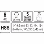 Комплект зенкери YATO, HSS, HEX 1/4", 6 части