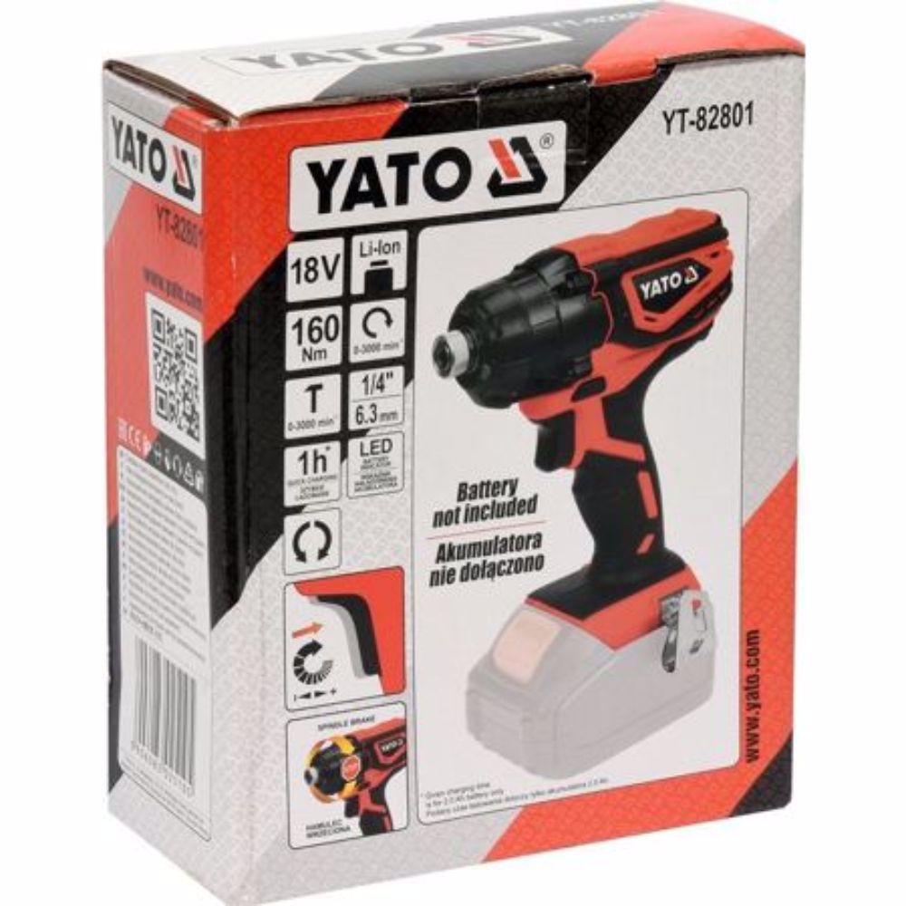 Акумулаторен ударен винтоверт YATO 82801, 1/4" HEX, 18 V, 160 Nm, без батерия