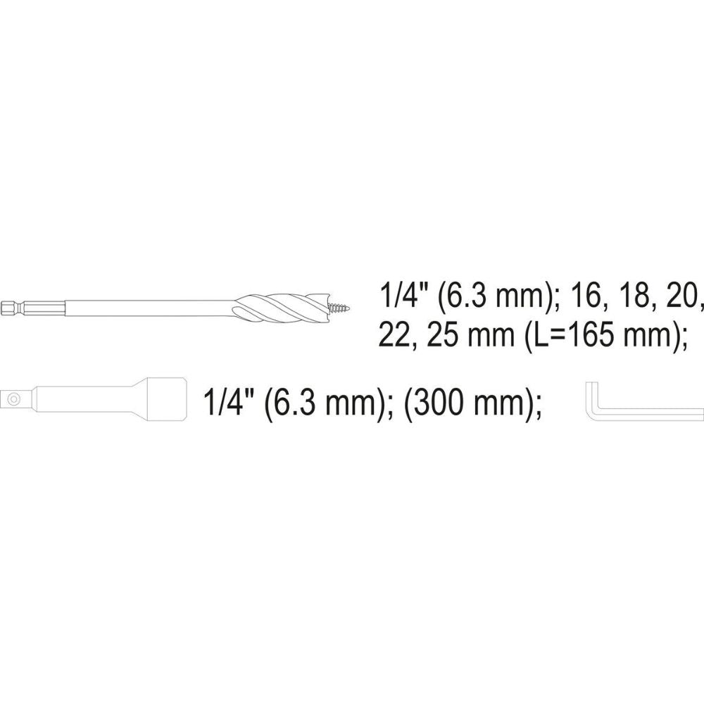 Комплект свредла за дърво + удължител YATO, HRC, HEX, Ф 16 - 25, 7 ч