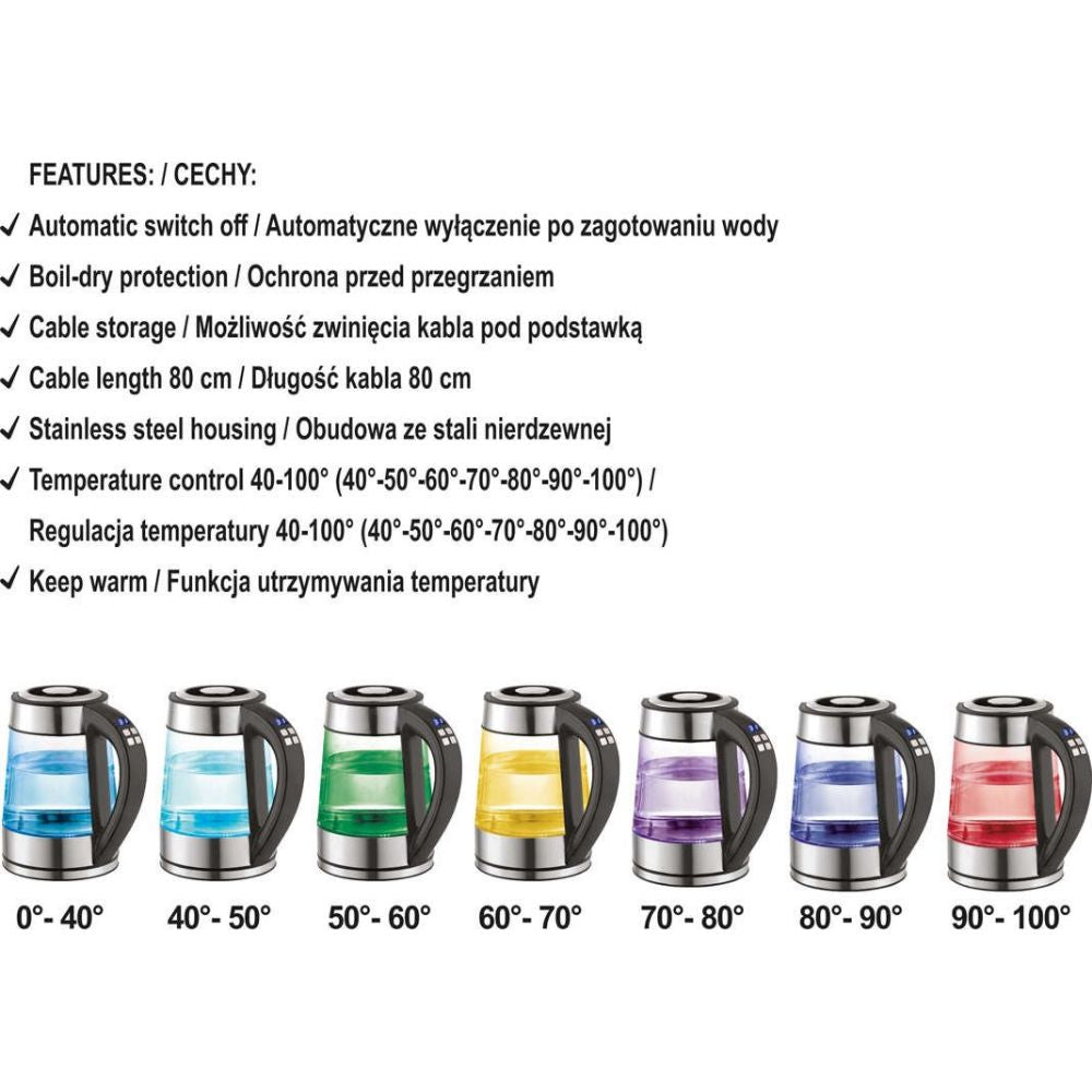 Електрическа стъклена кана с регулиране на температура LUND, RGB LED, 1.7 L