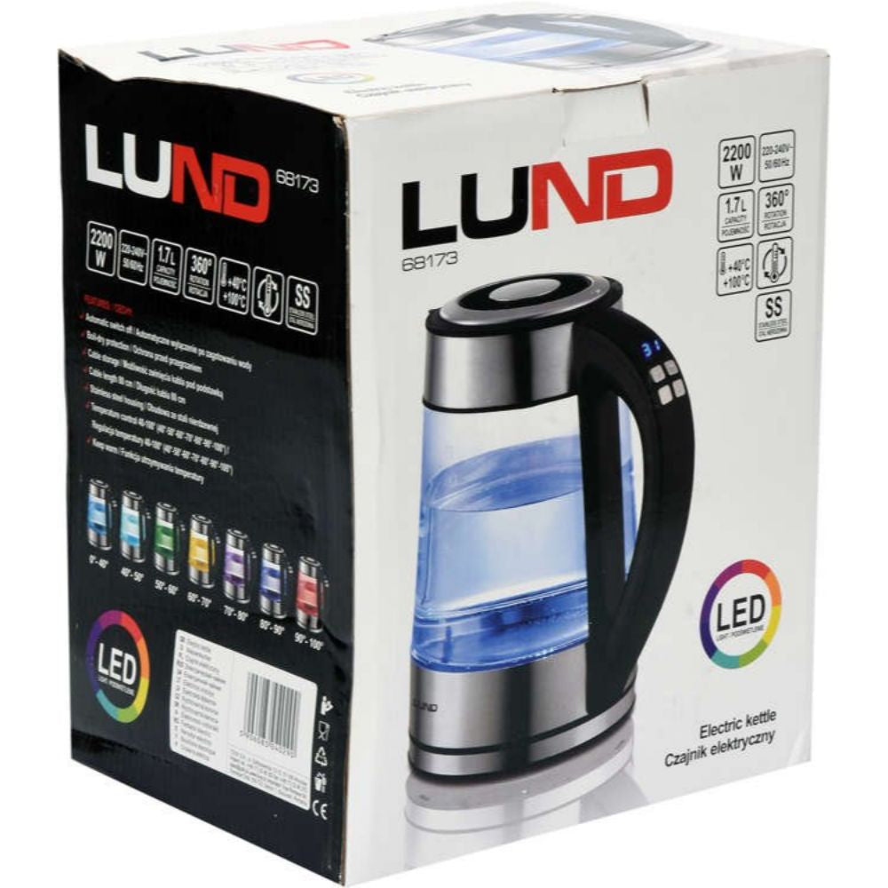 Електрическа стъклена кана с регулиране на температура LUND, RGB LED, 1.7 L