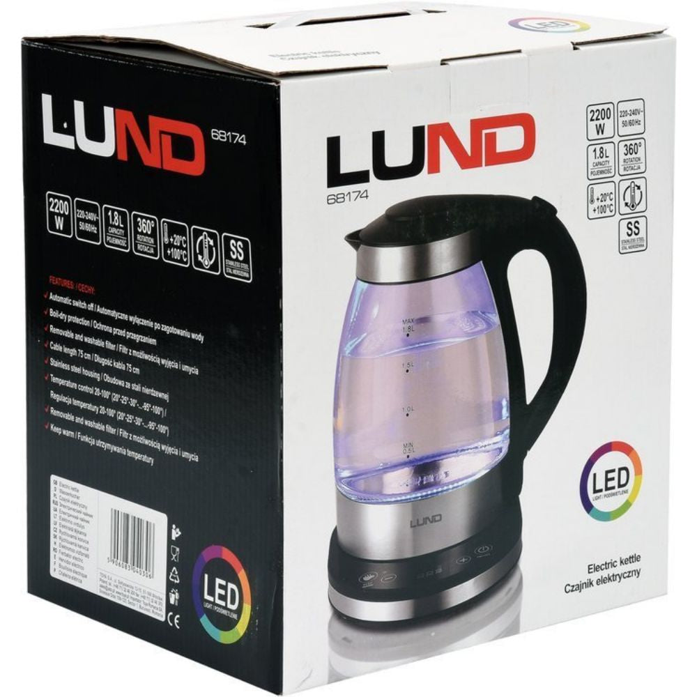 Електрическа стъклена кана с регулиране на температура LUND, LED, 1.8 L