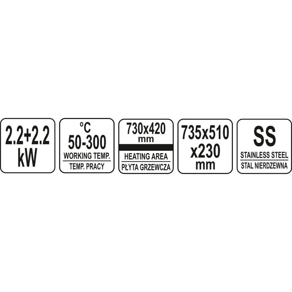 Електрическа скара-плоча за готвене YATO YG 04588, гладка, 730 мм, 2 х 2.2 kW