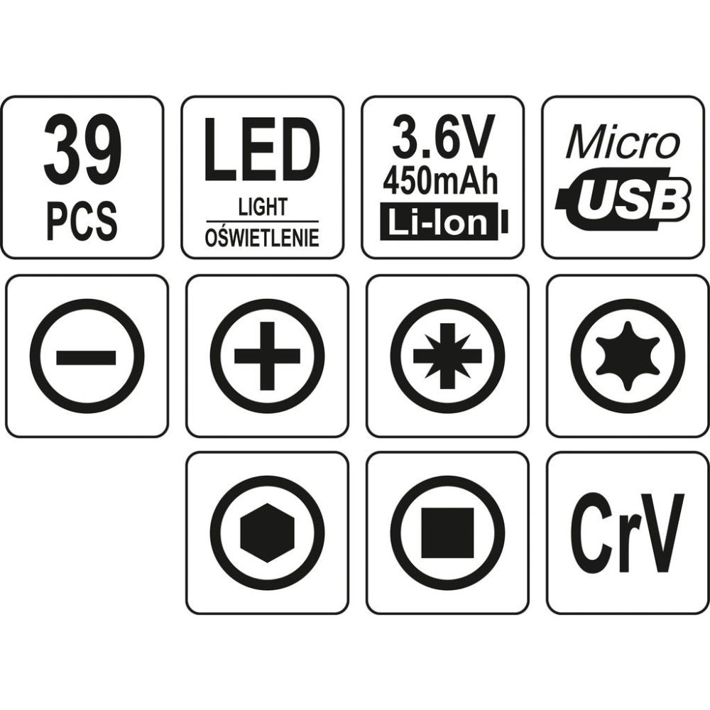 Акумулаторна отвертка YATO YT 27930, прецизна + аксесоари, 3.6 V, 39 части