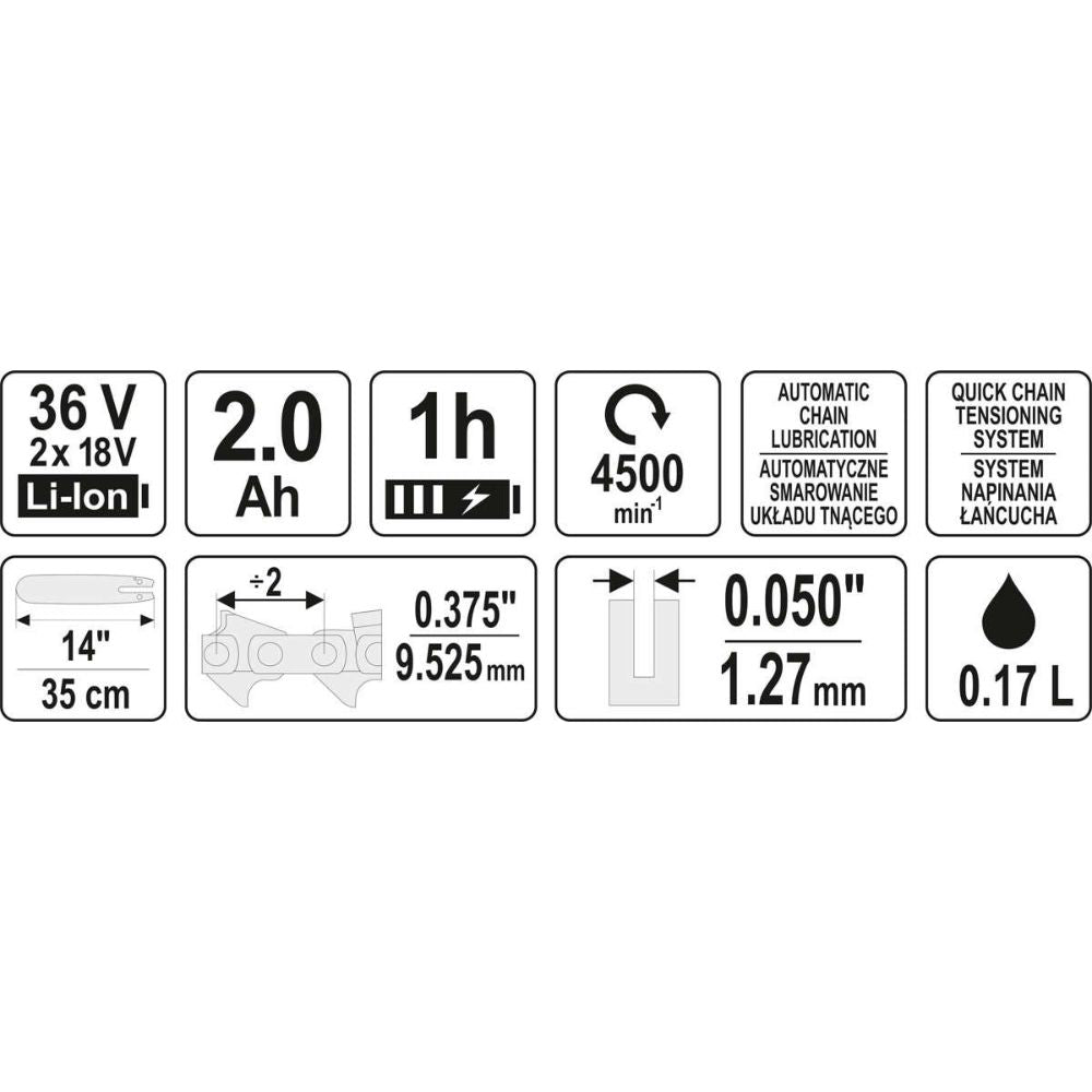 Акумулаторен верижен трион YATO  YT 82812, 14", 36V=2 X 18V