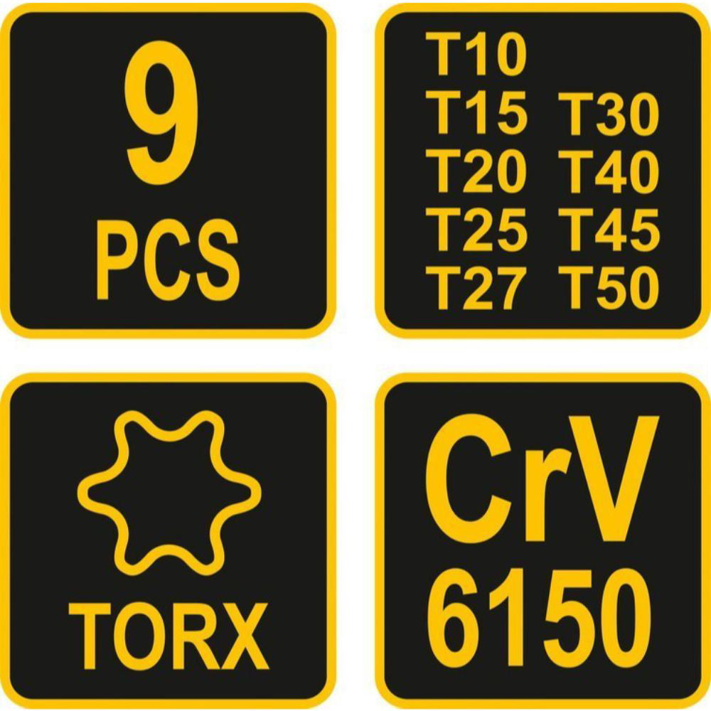 Комплект Т-образни отвертки VOREL, TORX, Tx10 - Tx50, 9 части