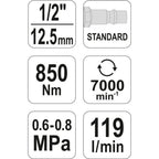 Пневматичен ударен гайковерт YATO 09525, 1/2", 850 Nm