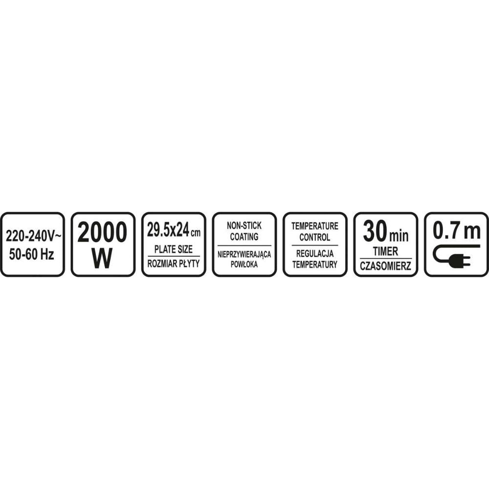 Електрически контактен грил YATO, оребрен, 2000 W, 295 мм
