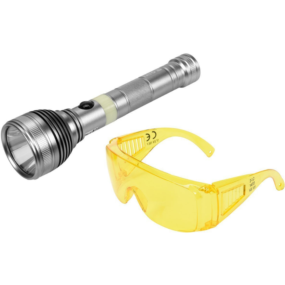 Комплект акумулаторен LED UV фенер YATO и очила, 3 W, 3.5 V, 1.5 Ah, USB