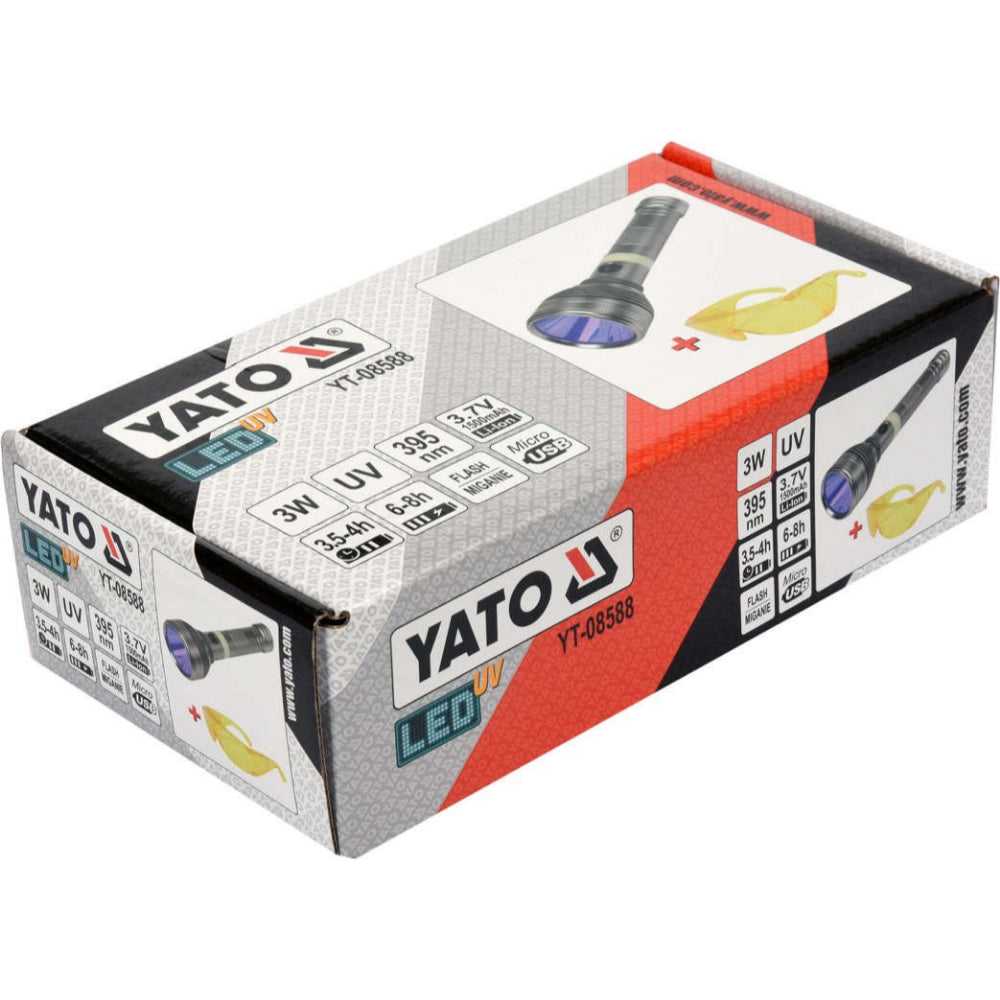 Комплект акумулаторен LED UV фенер YATO и очила, 3 W, 3.5 V, 1.5 Ah, USB