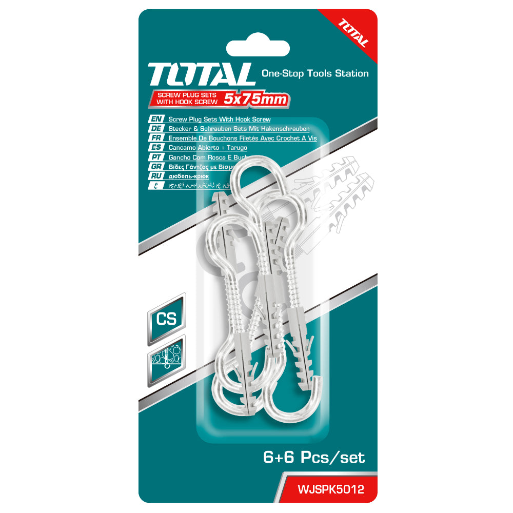 Комплект класически дюбел 8 х 40 с С-кука 5 х 75 мм, TOTAL, 6 броя