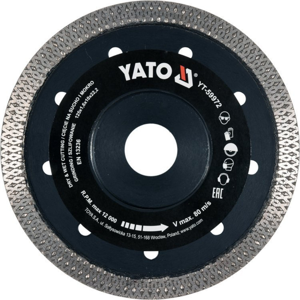 Диамантен диск за рязане и шлайфане на плочки YATO, Ø 125 x 22.23 x 10 мм