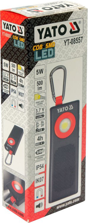 Фенерче YATO, 5W COB LED + 0.9W SMD LED, 500 lm, 3 в 1, USB