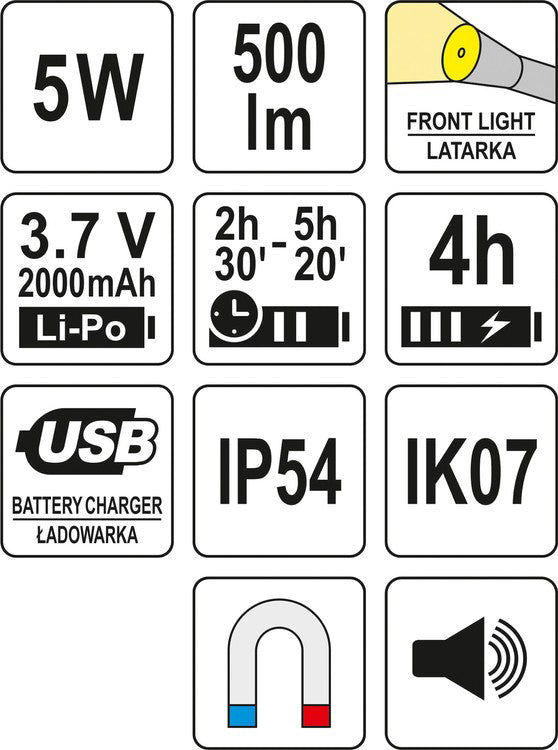 Фенерче YATO, 5W COB LED + 0.9W SMD LED, 500 lm, 3 в 1, USB