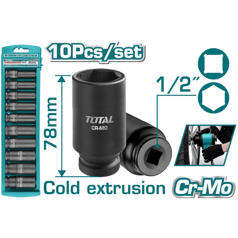Комплект удължени шестостенни ударни вложки TOTAL, CrMo,  1/2" , 10 части