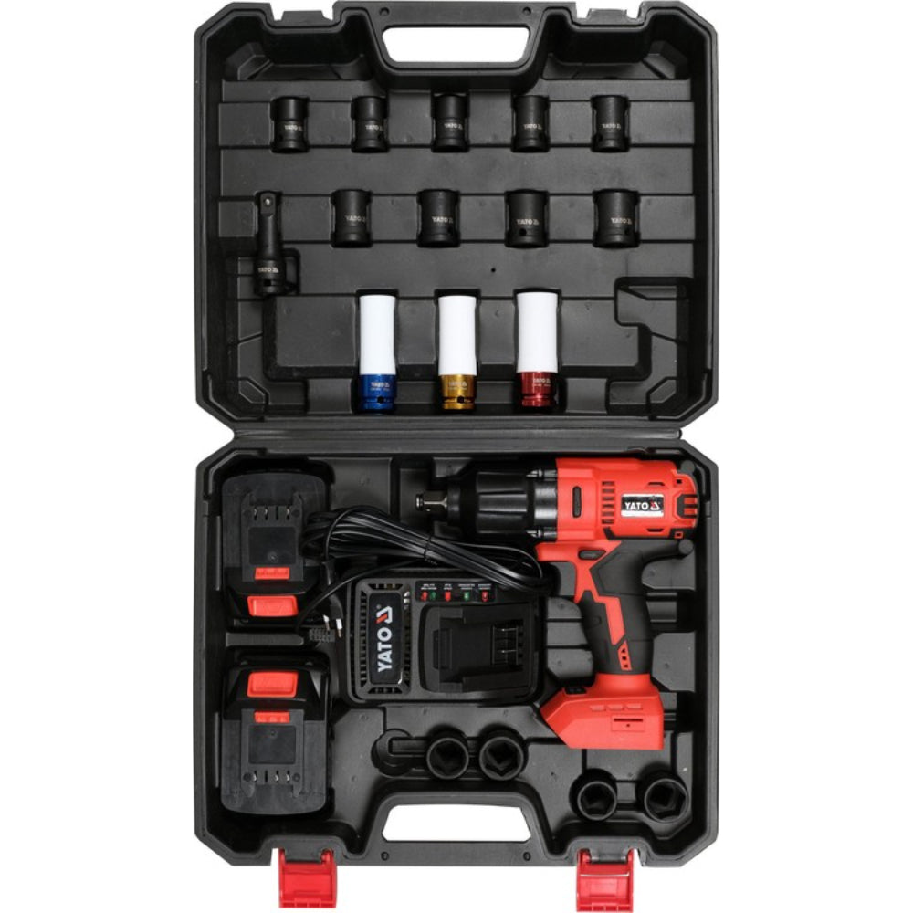 Акумулаторен безчетков ударен гайковерт с вложки, YATO, 1/2", 18 V, 700 Nm, 2 x 3 Ah