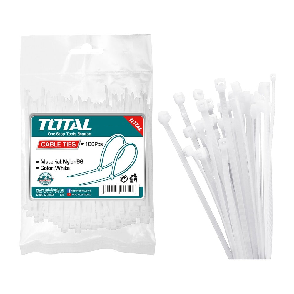 Кабелни стяжки TOTAL, PA, Ø 7.2 x 400 мм, бели