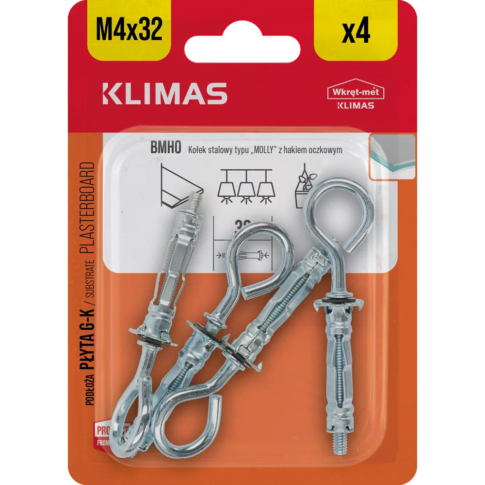 Дюбел за гипсокартон с O-кука, WKRET, Ø9x32 / M4x38 mm, блистер, 4 броя