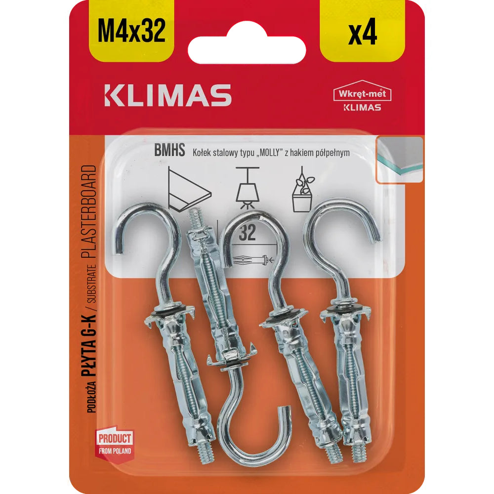 Дюбел за гипсокартон с C-кука, WKRET, Ø9x32 / M4x38 mm, блистер, 4 броя