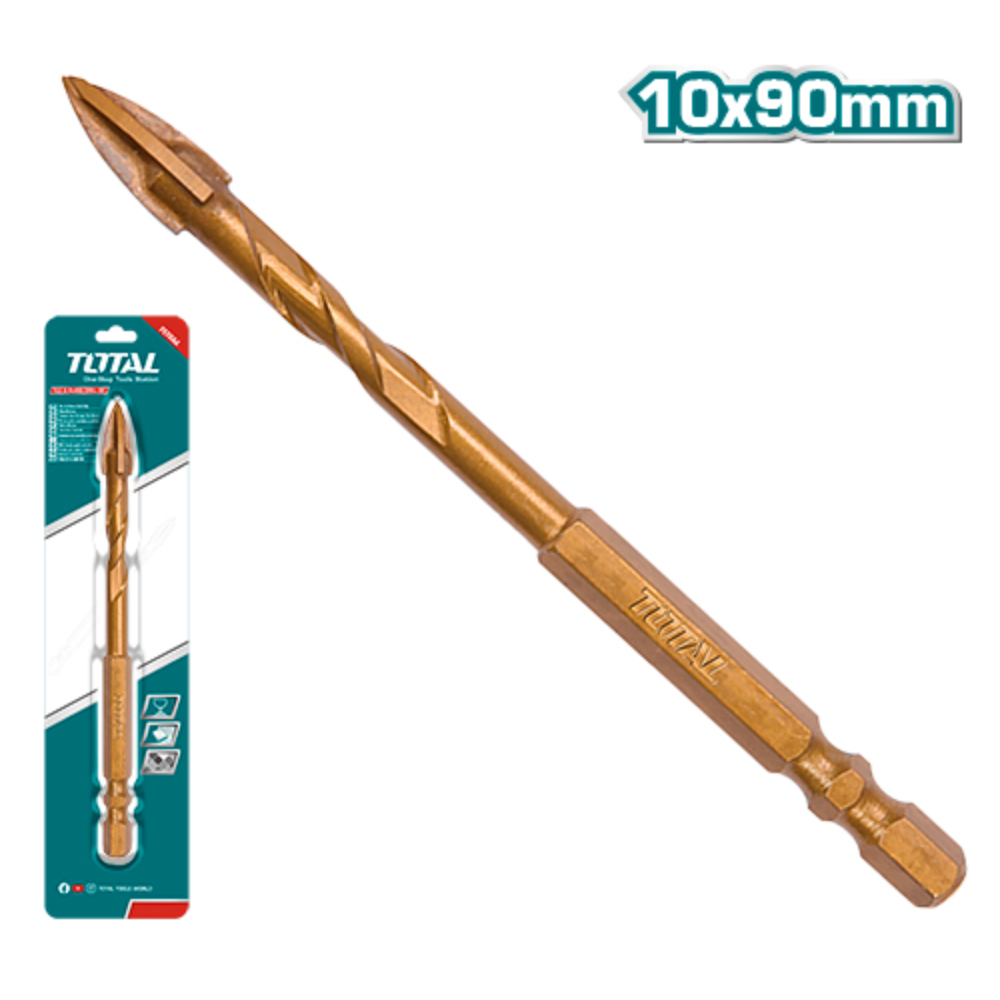 Свредло за стъкло и плочки, TOTAL Industrial Cross-tip, HEX, Ø 10 x 90 mm