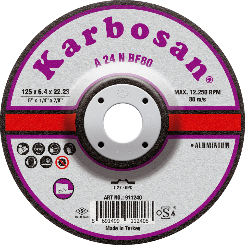 Диск за шлайфане на алуминй, изпъкнал, KARBOSAN A24N, Ø 125 x 6.4 x 22.23 mm