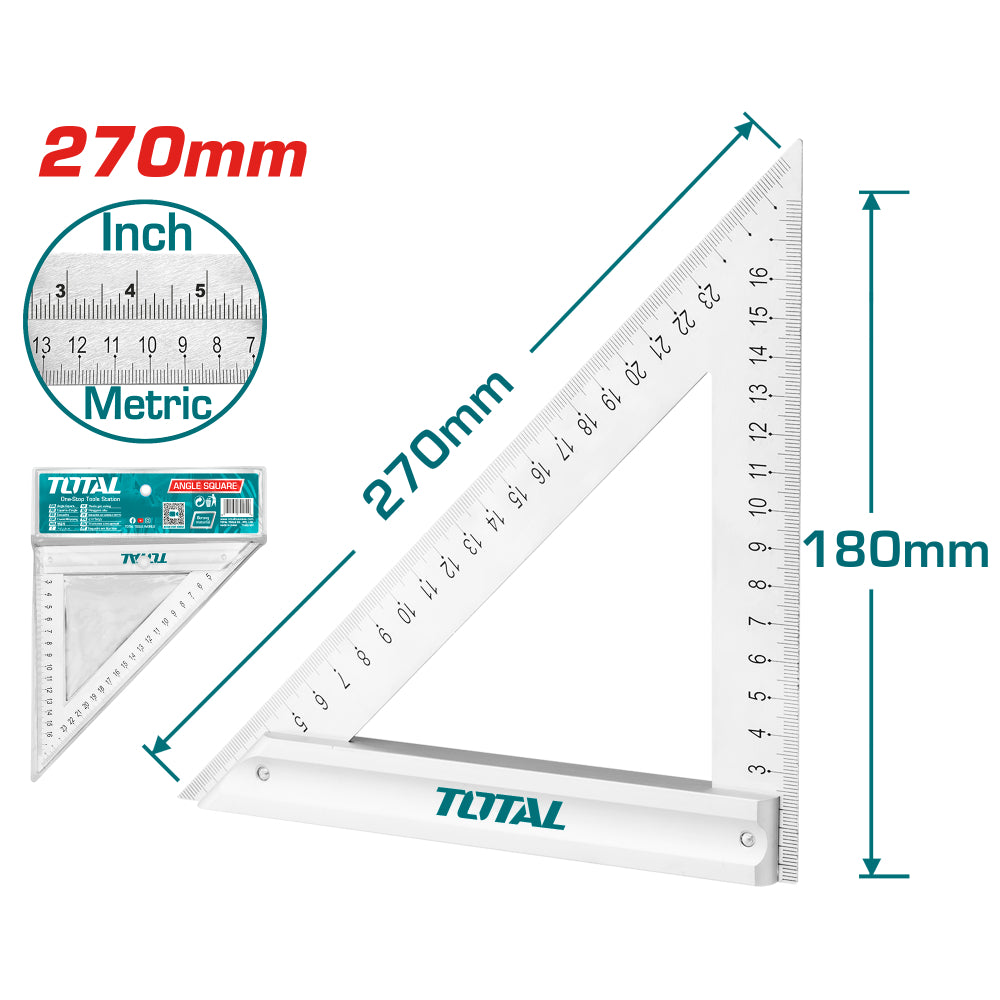 Измервателен триъгълник TOTAL, inch/metric, 270 мм