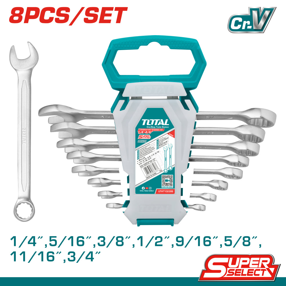 Комплект комбинирани ключове, иночви, TOTAL INDUSTRIAL, SW 1/4"-3/4", 8 части