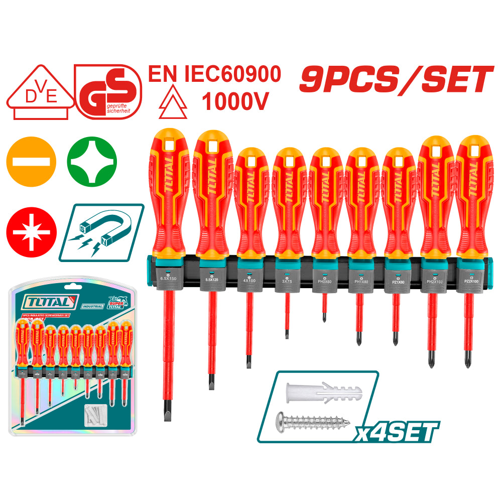 Комплект отвертки VDE 1000 V, TOTAL INDUSTRIAL, 9 части