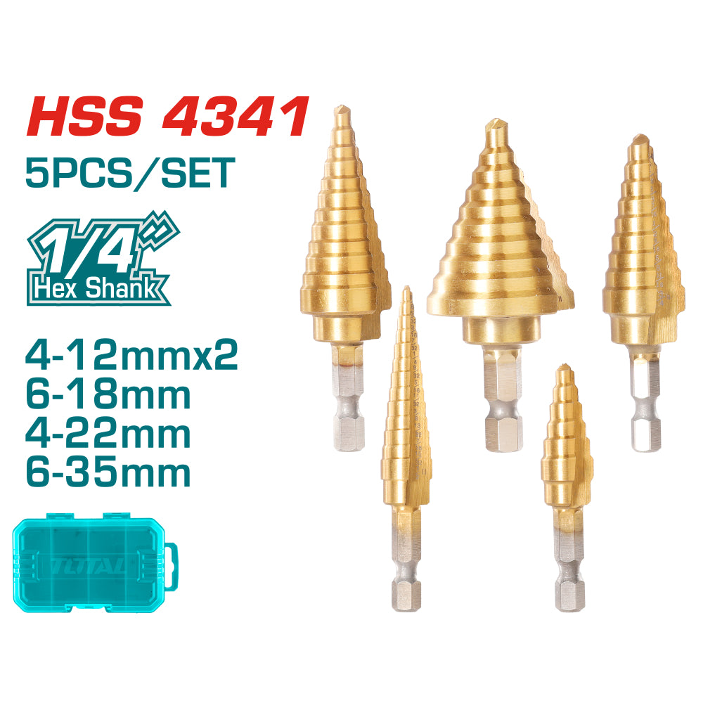 Комплект степенчати свредла TOTAL INDUSTRIAL, 1/4" HEX, HSS, 5 части