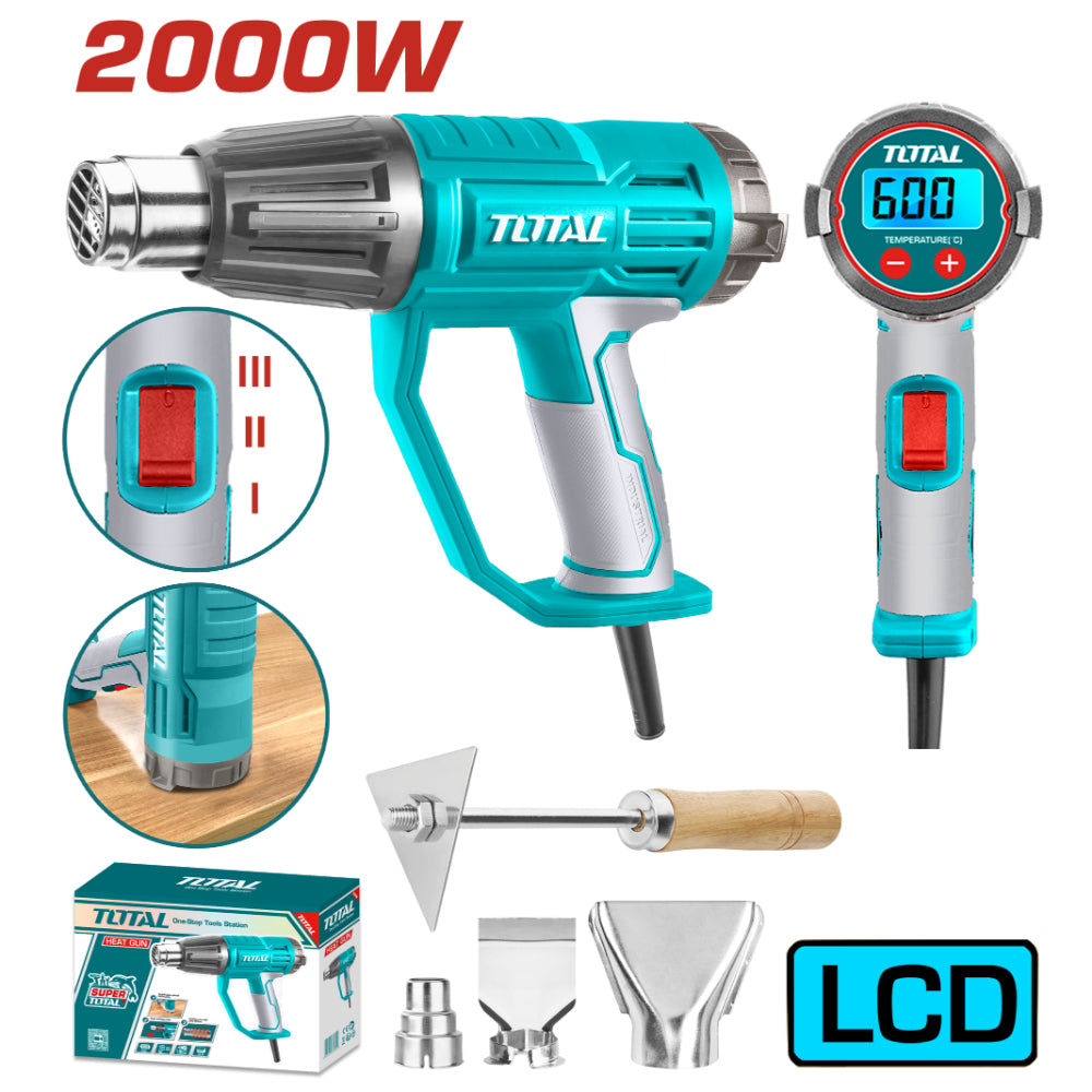 Пистолет за горещ въздух TOTAL INDUSTRIAL, 2000 W, LCD, 50-600°C + аксесоари