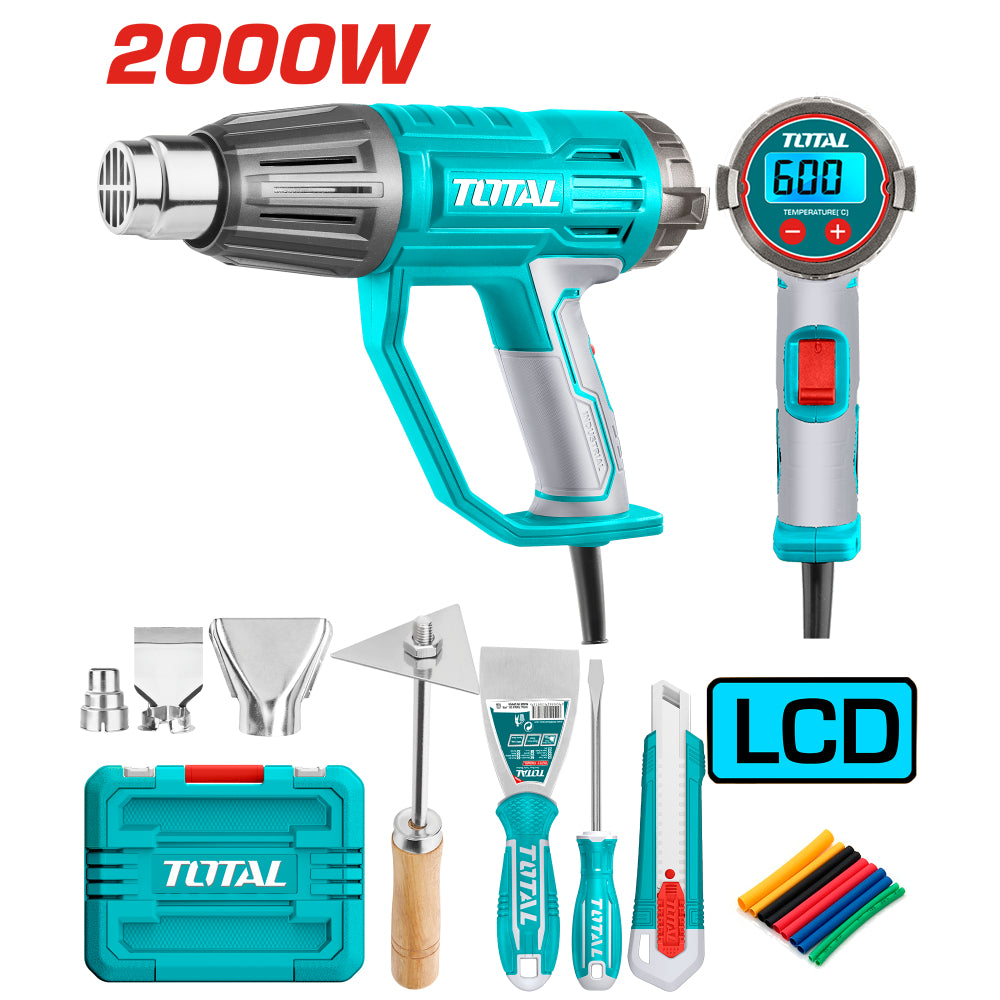 Пистолет за горещ въздух TOTAL INDUSTRIAL, 2000 W, LCD, 50-600°C, куфар с аксесоари