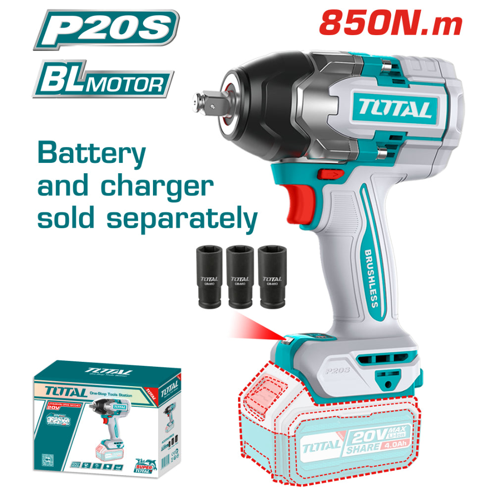 Акумулаторен ударен безчетков гайковерт TOTAL INDUSTRIAL, 1/2", 20 V, 850 Nm, без батерия