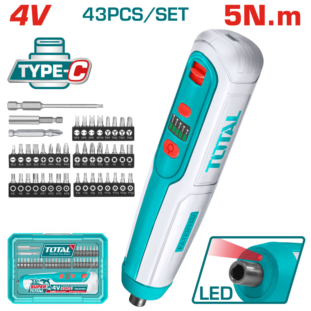 Акумулаторна отвертка TOTAL + аксесоари, 1/4", 4 V, 5 Nm, кутия