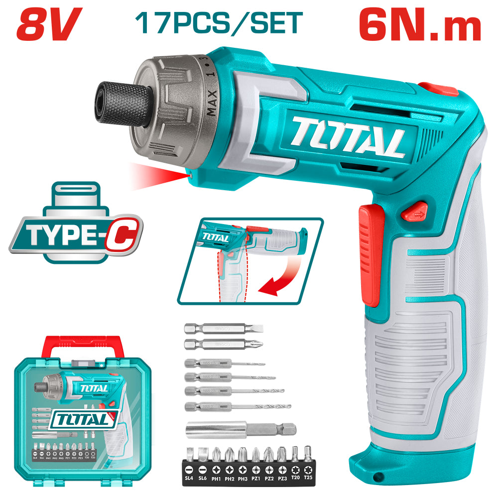 Акумулаторна отвертка TOTAL INDUSTRIAL, 1/4", 8 V, 6 Nm, кутия