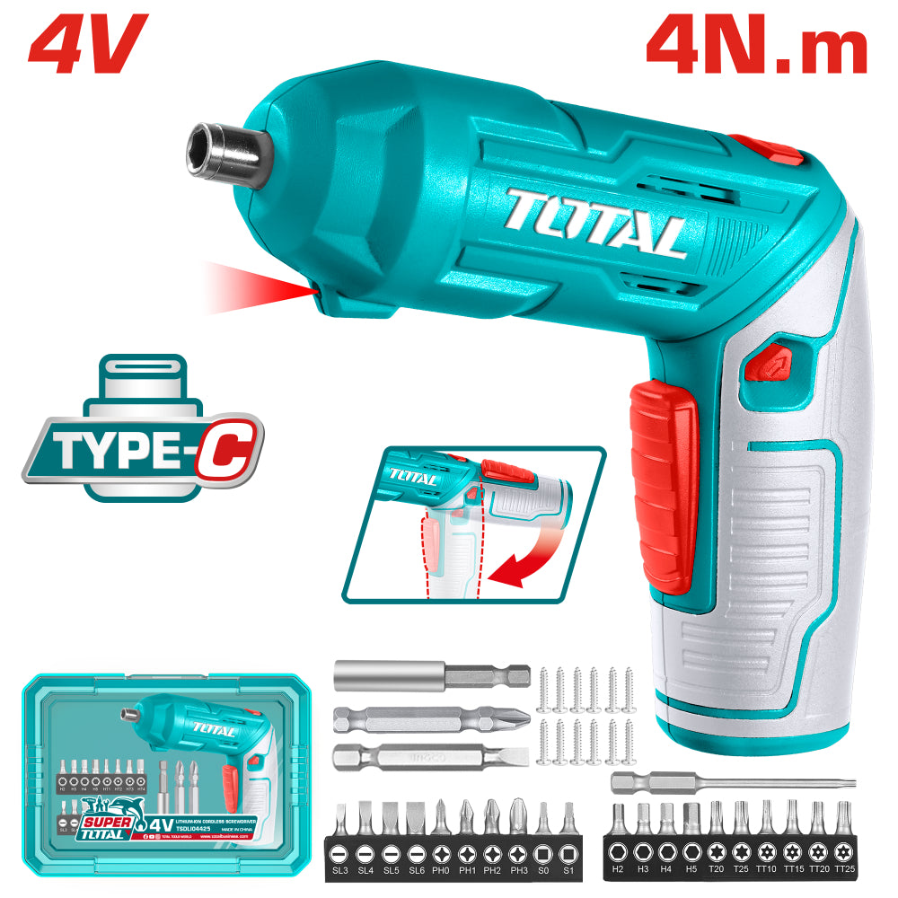 Акумулаторна отвертка TOTAL, 1/4", 4 V, 4 Nm + аксесоари