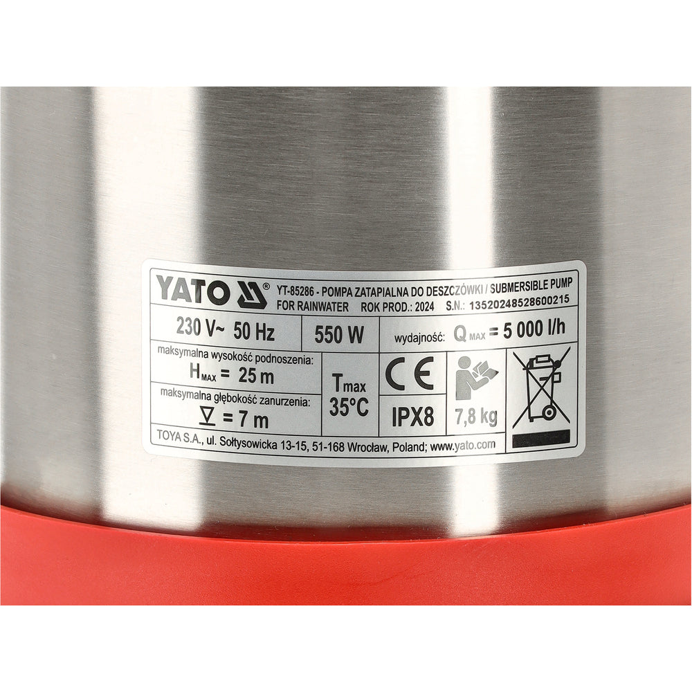 Потопяема помпа за дъждовна вода YATO, 550 W, max 5000 L/h