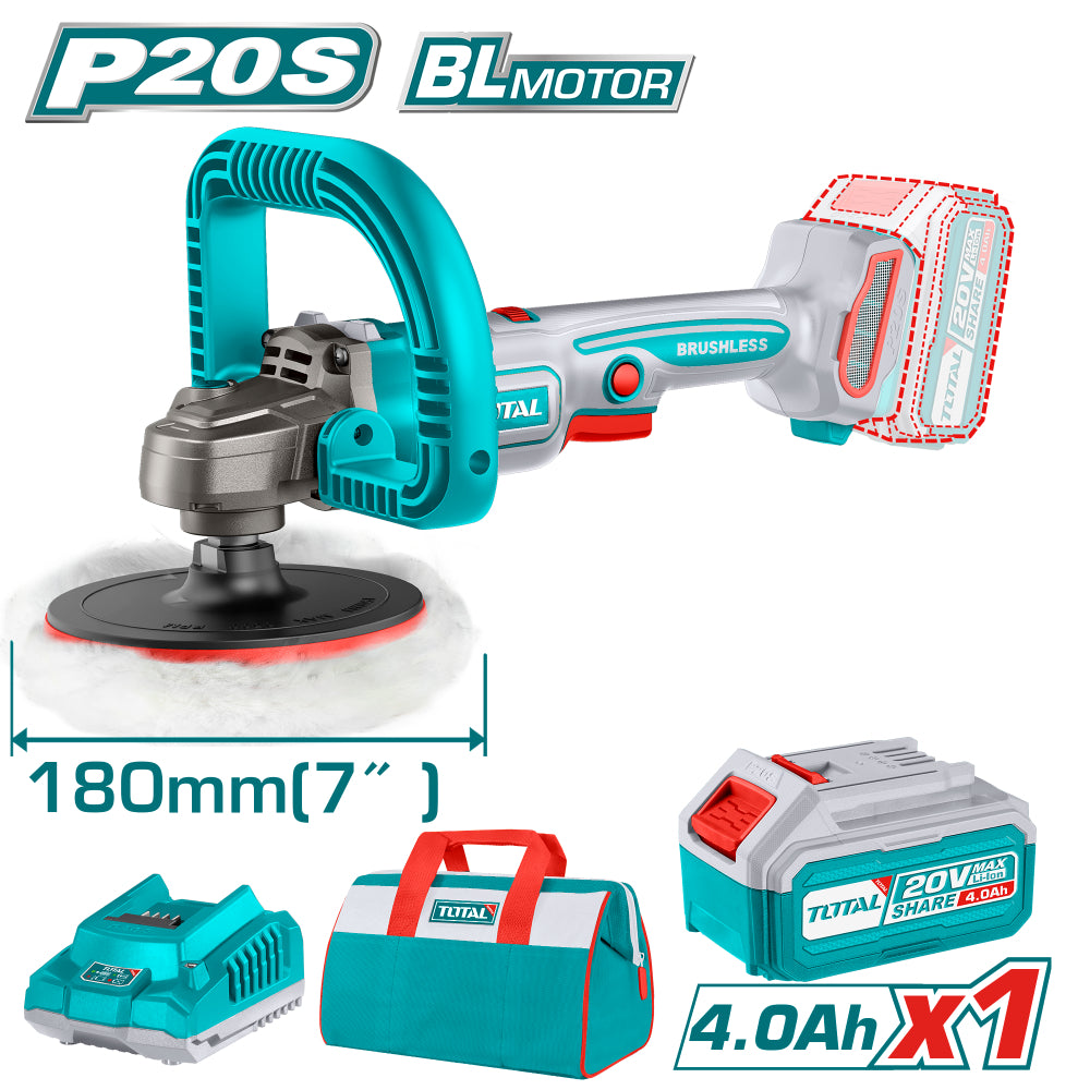 Акумулаторна безчеткова полирмашина TOTAL INDUSTRIAL, 20 V, Ф 180 мм, 1 x 4 Ah