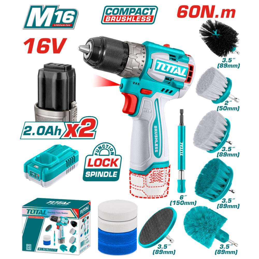 Акумулаторен безчетков винтоверт с четки TOTAL, 16 V, 2 x 2 Ah, 60 Nm
