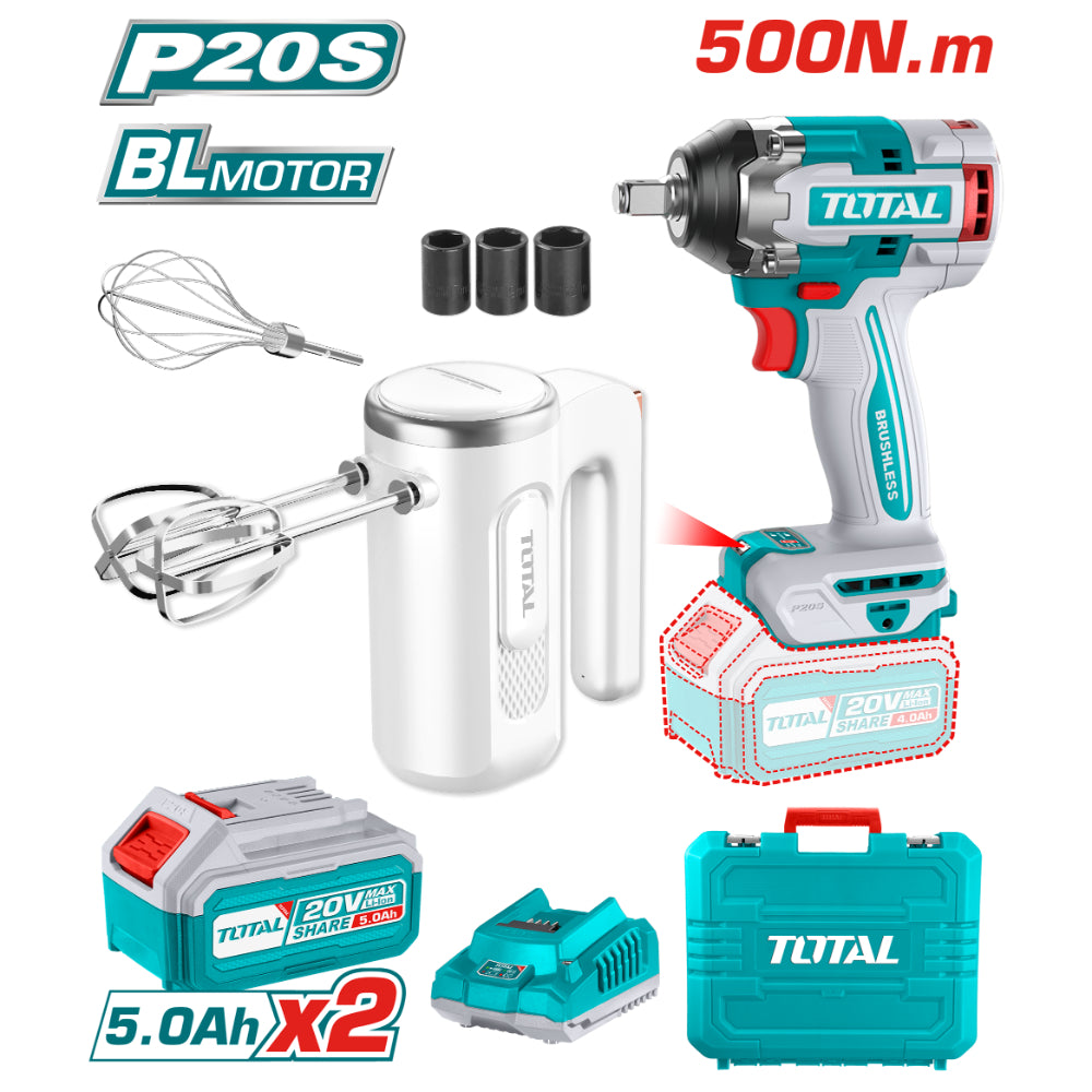 Комплект акумулаторен ударен гайковерт TOTAL, 20 V, 2 x 5 Ah + миксер