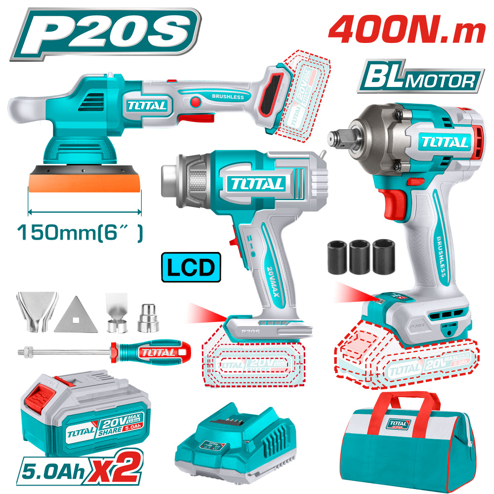 Комплект акумулаторни инструменти TOTAL INDUSTRIAL, 20 V, 2 x 5 Ah