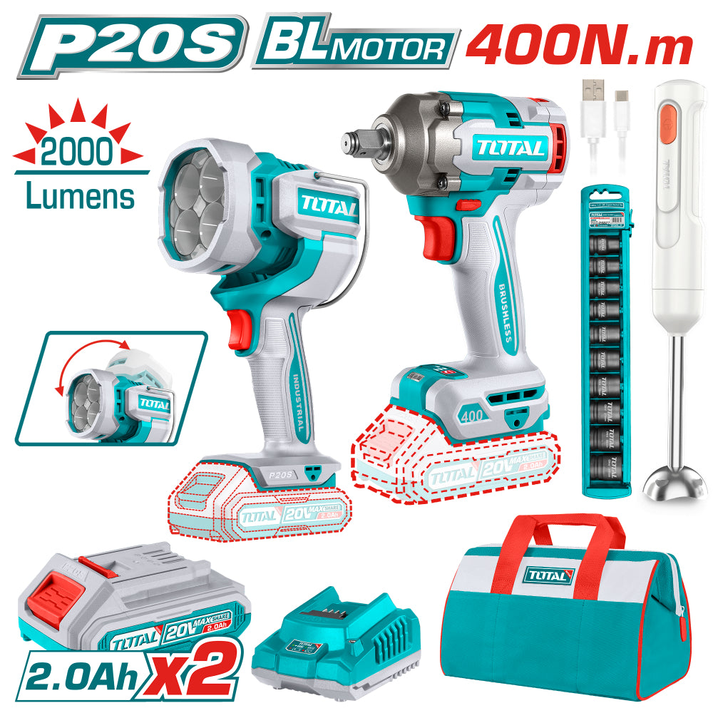 Комплект акумулаторни гайковерт и лампа TOTAL INDUSTRIAL, 20 V, 2 x 2 Ah + пасатор