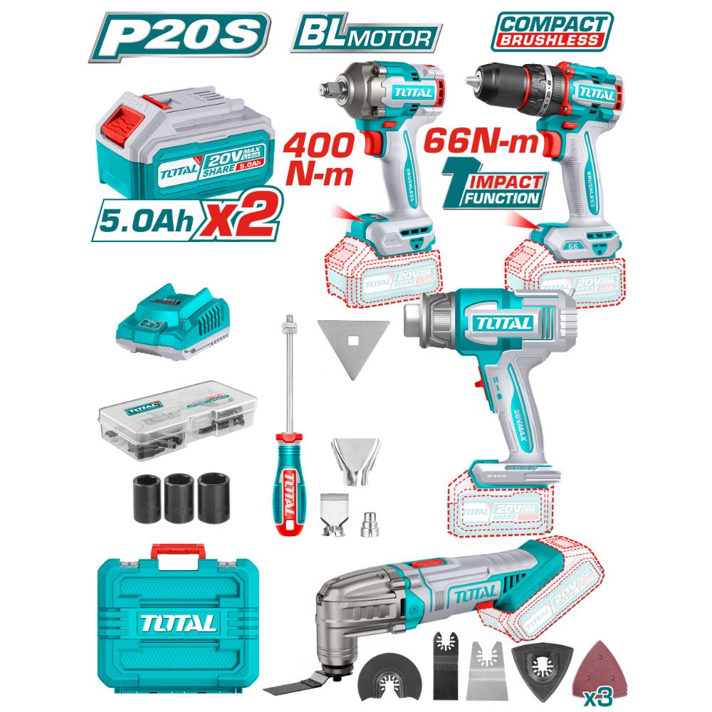 Комплект акумулаторни инструменти TOTAL INDUSTRIAL, 20 V, 2 x 5 Ah