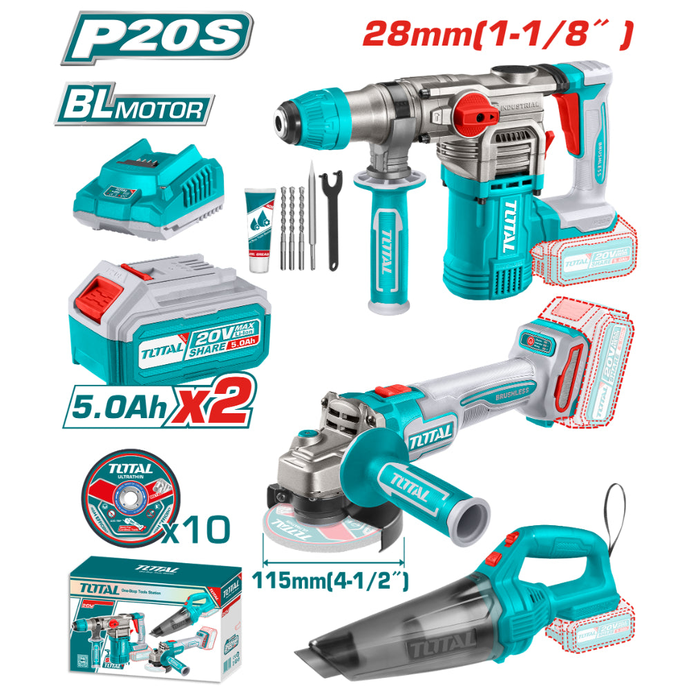 Комплект акумулаторни инструменти TOTAL TOSLI240785E, 20 V, 2 x 5 Ah