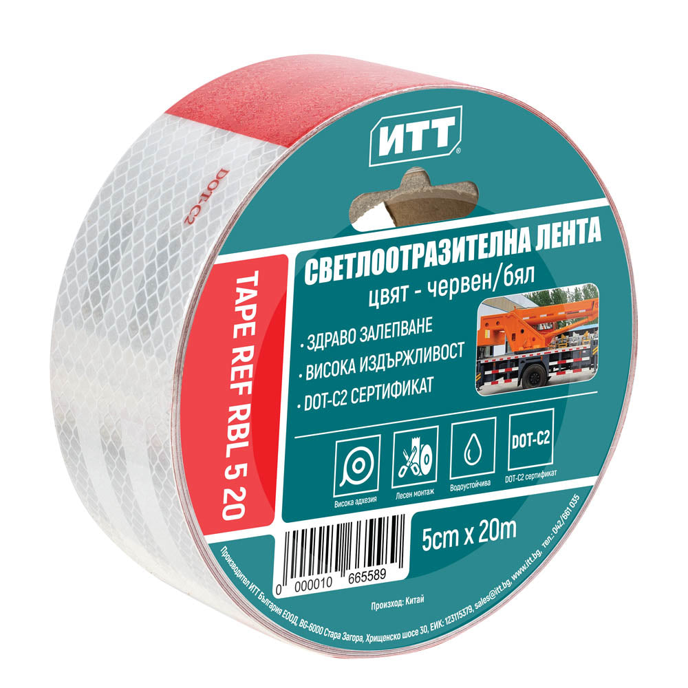 Светлоотразителна лента, червено / бяло, 5 см x 20 м, DOT-C2 - клас