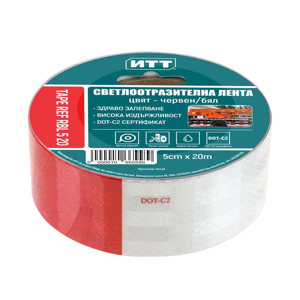 Светлоотразителна лента, червено / бяло, 5 см x 20 м, DOT-C2 - клас