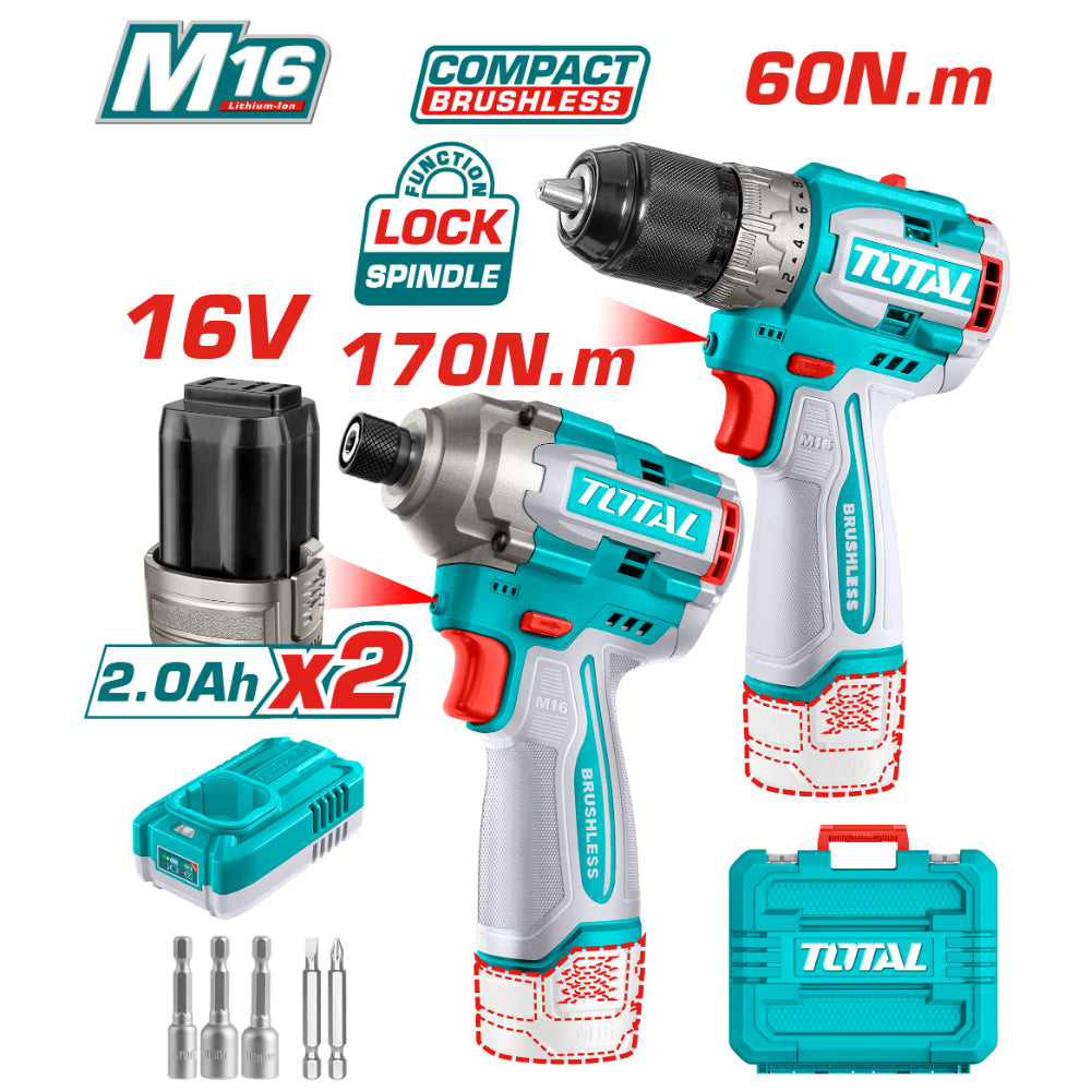 Комплект акумулаторни винтоверт и ударен винтоверт TOTAL, 16 V, 2 x 2 Ah