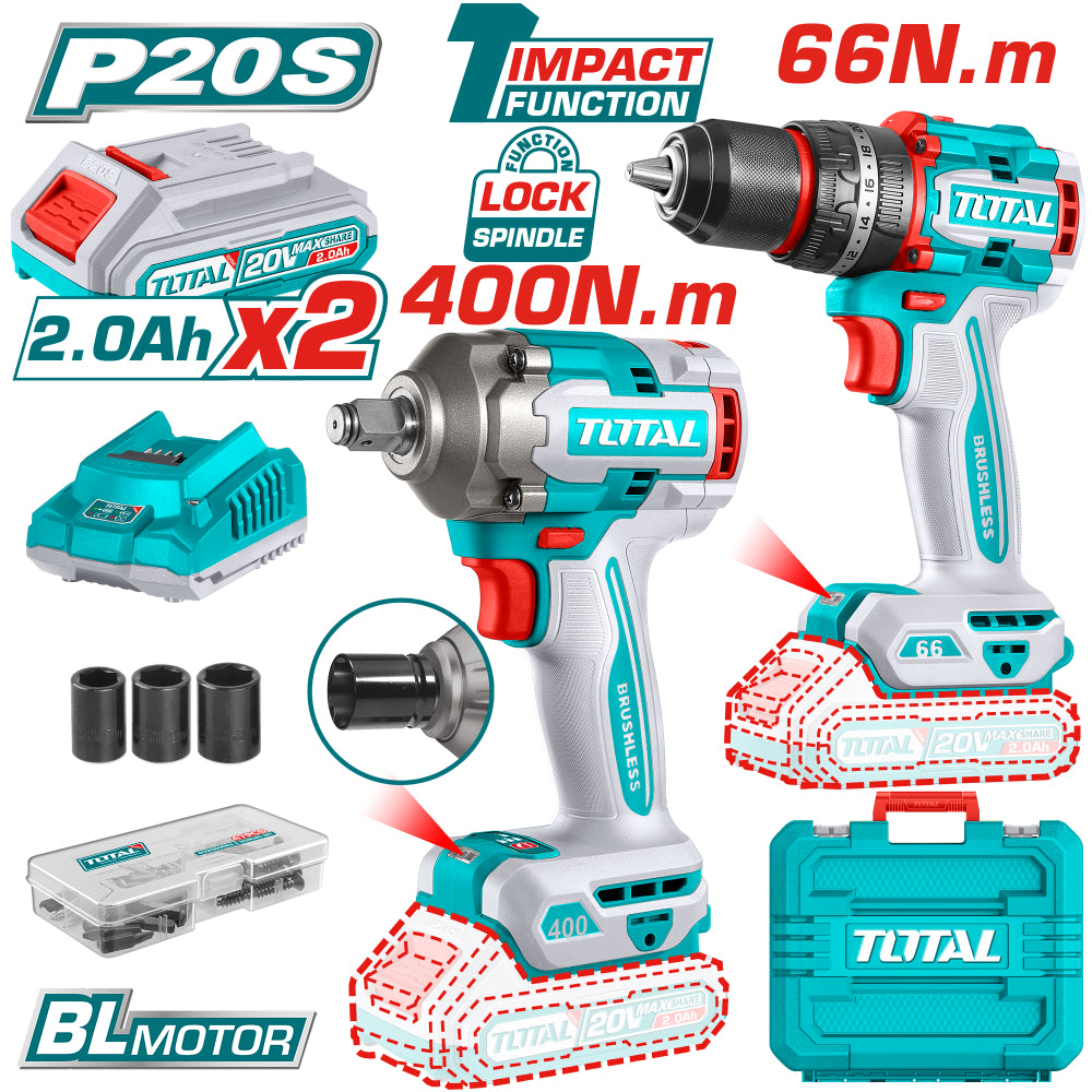 Комплект акумулаторни ударни винтоверт и гайковерт TOTAL, 20 V, 2 x 2 Ah