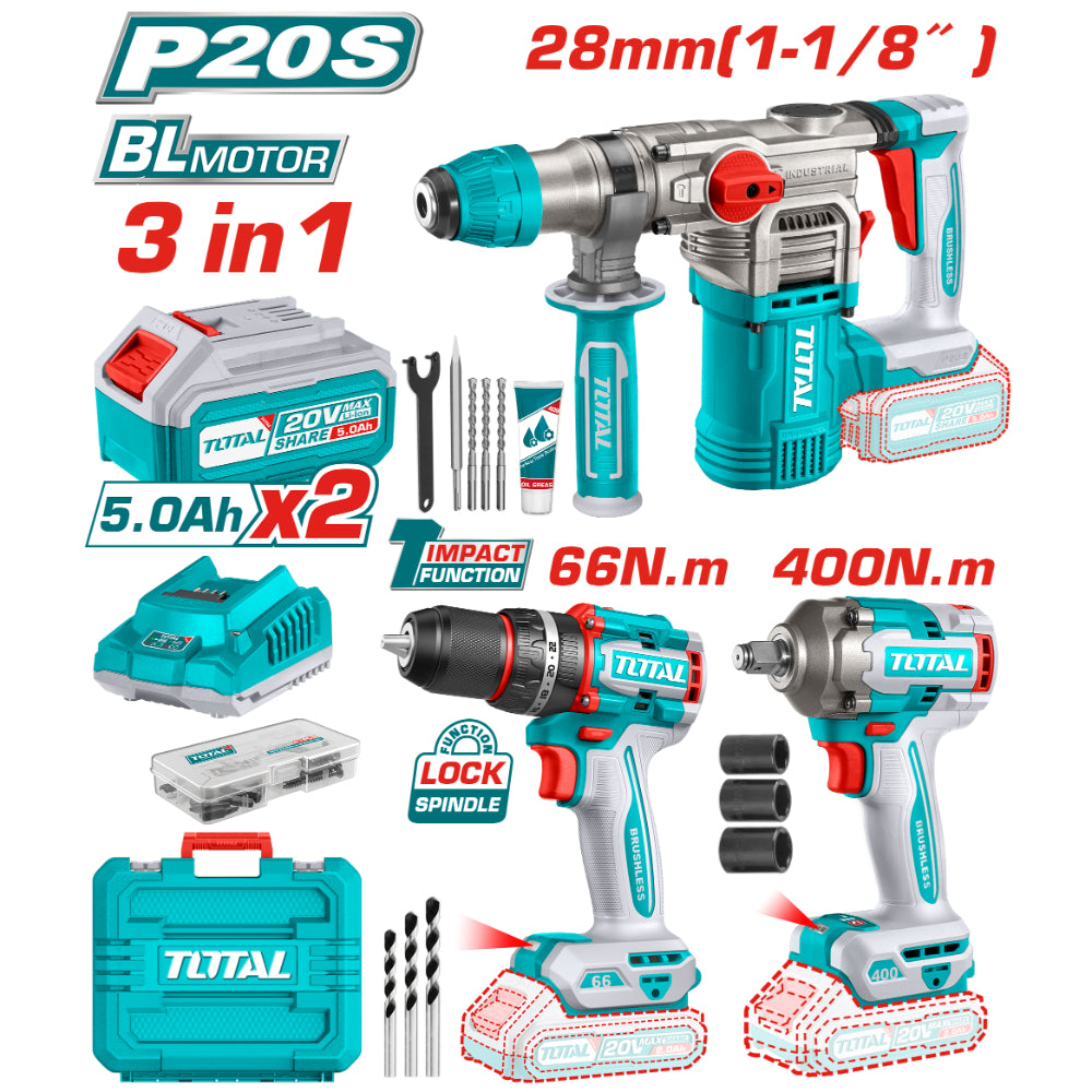 Комплект акумулаторни инструмени TOTAL TCKLI20638E, 20 V, 2 x 5 Ah