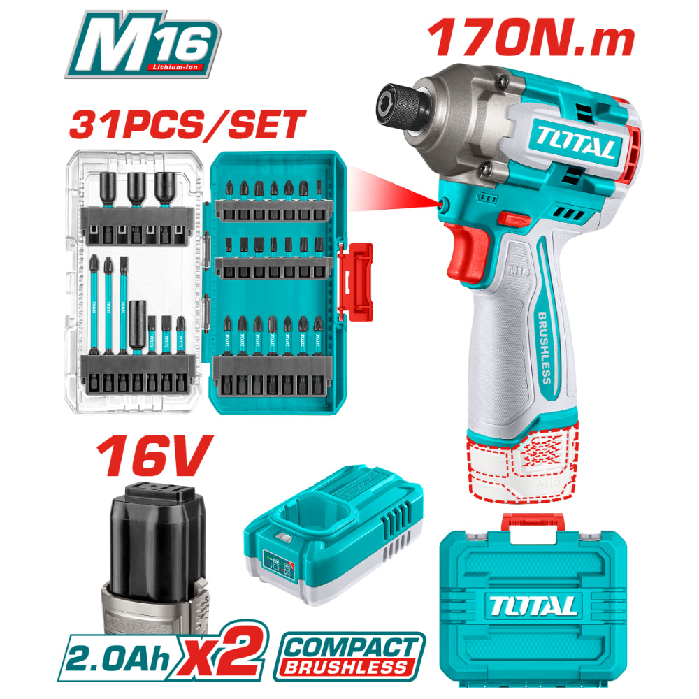 Акумулаторен ударен безчетков винтоверт TOTAL INDUSTRIAL, 16 V, 2 x 2 Ah, 170 Nm + аксесоари